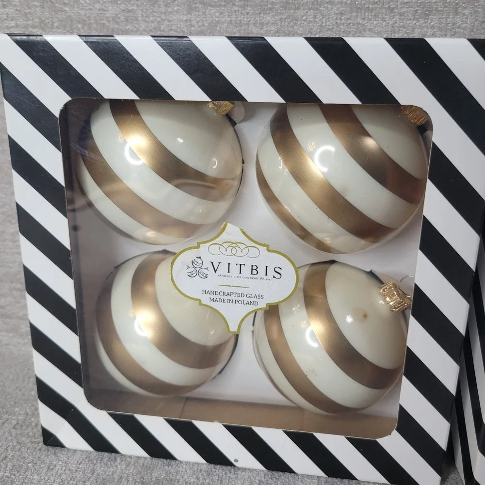 Vitbis‎ Set of 8 Christmas Ornaments White & Gold Stripes Handcrafted Poland